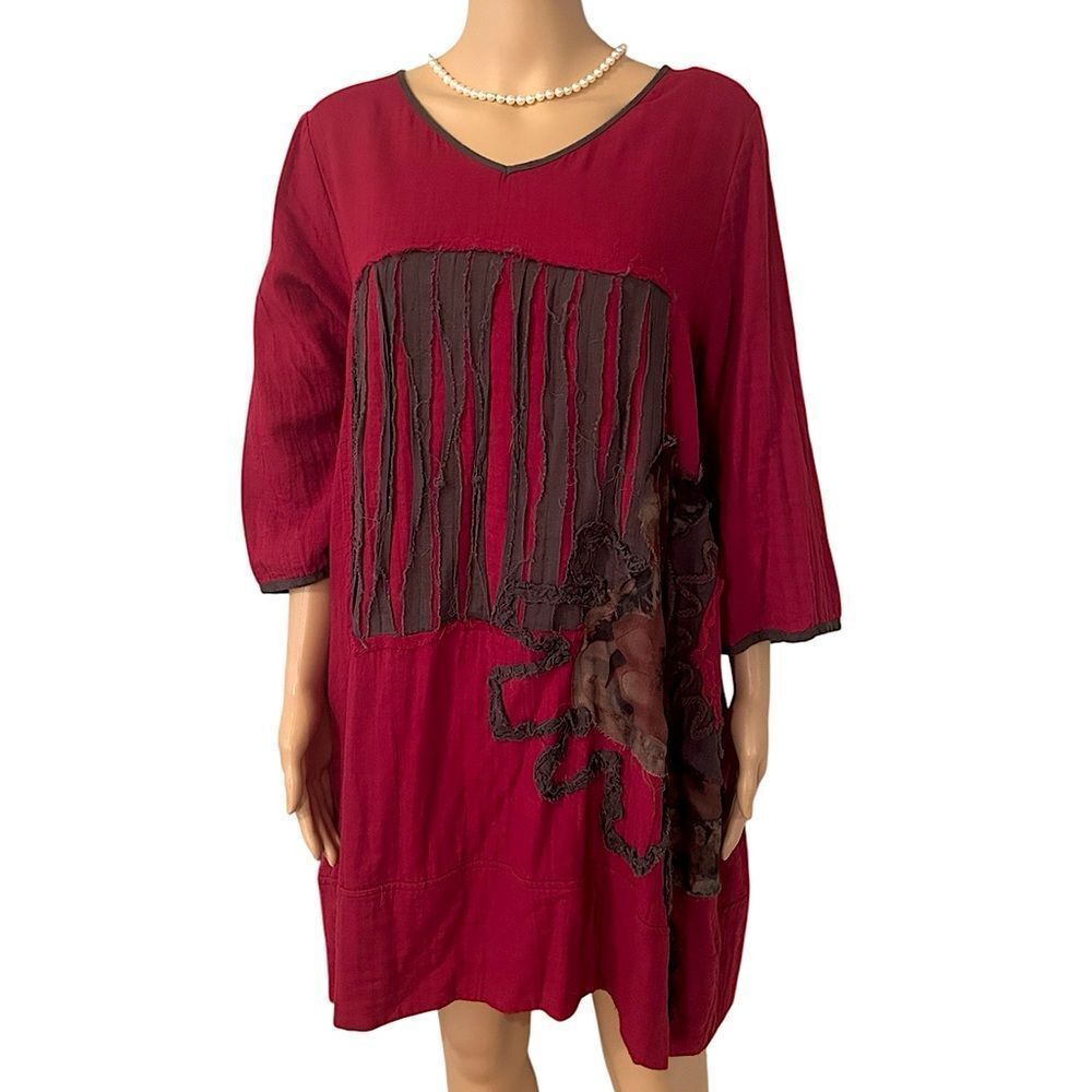 Peacock Ways Women’s 100% Cotton One Size Red Flowy Dress or Tunic Top, Sleeves